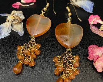 Carnelian Heart Dangle Earrings, Handmade Vitality Jewelry