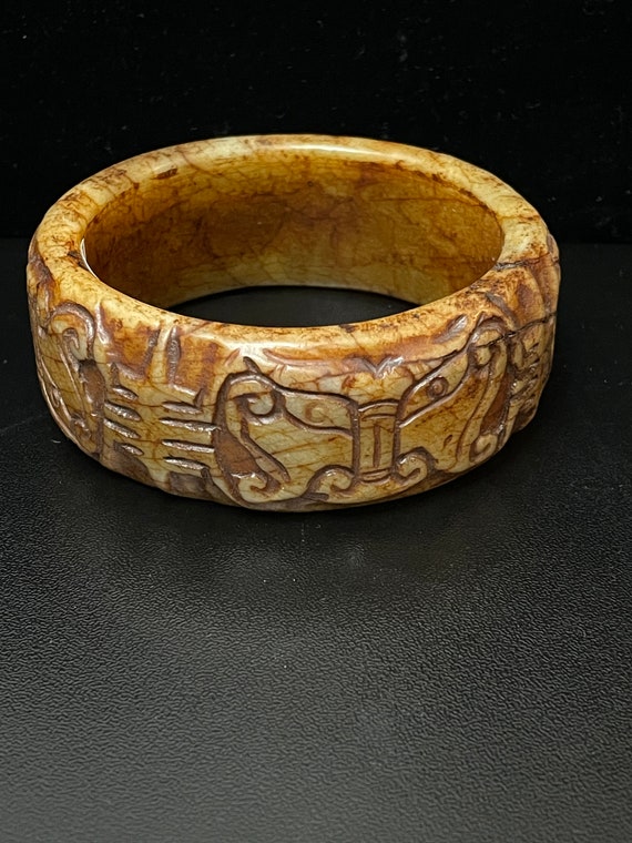 Jade Bangle 1 1/4"  Bracelet Carved,  Large Full … - image 2