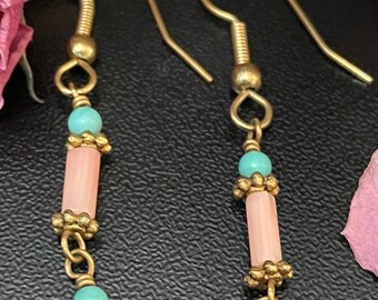 Angel Coral Turquoise Earrings, Antique Brass, Handmade Jewelry
