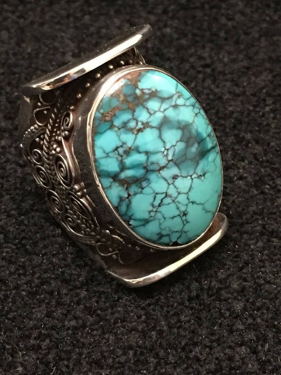 Adjustable Oval Turquoise Saddle Ring, Decorated … - image 7