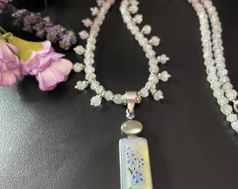 Vintage Moonstone Bead Necklace, Hand-Painted Opalized Glass Pendant