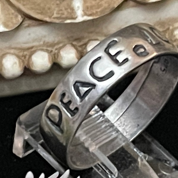 Peace and Love Sterling Silver Band Ring, Bohemian Ring, Boho Chic Ring, Teeny Bopper Ring, Silver Band Ring, Word Ring, Peace Ring.