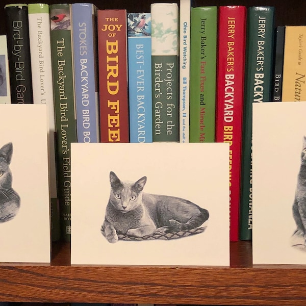 Set of 6 or 12 Handmade Blank Russian Blue Gray Cat Print Note Cards