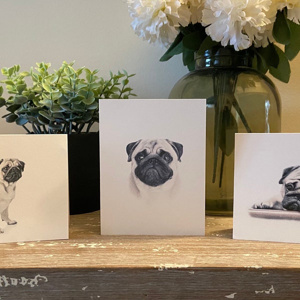 Set of 6 or 12 Handmade Blank Pug Dog Print Note Cards