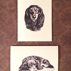 Set of 6 or 12 Handmade Blank Long Haired Dachshund Doxie Dog Print Note Cards