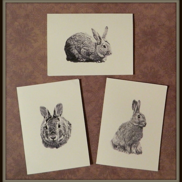 Set of 6 or 12 Handmade Blank Rabbit Bunny Print Note Cards