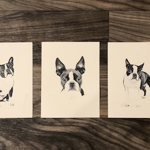 Set of 6 or 12 Handmade Blank Boston Terrier Print Dog Print Note Cards