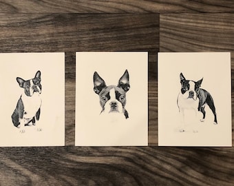 Set of 6 or 12 Handmade Blank Boston Terrier Print Dog Print Note Cards