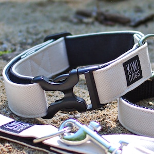 Puede incluir: Un juego de collar y correa para perros. El collar es de color beige claro con interior negro y hebilla de plástico negro. El texto "KIWI DOGS" está en una etiqueta blanca. Se ve un clip de correa de metal plateado.
