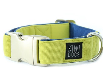 May include: A lime green and navy blue dog collar with a silver buckle and a black label that says "KIWI DOGS".