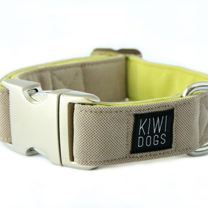 dog collar - BEIGE/GREEN buckle sporty, soft, minimalistic, durable, dog collar with aluminium buckle and heavy duty D-ring