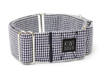 Pepita Martingale Dog Collar: Navy Houndstooth Cotton Greyhound Collar