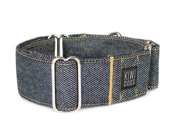 collar de perro - martingala collar de perro - denim, vaquero, moderno, artístico, metropolitano, ciudad, calle BLUE JEANS collar de perro, collar de perro galgo