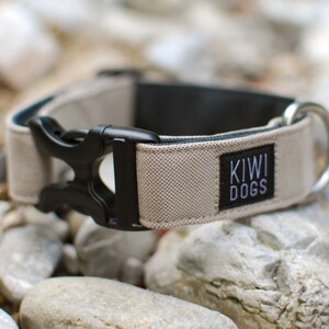 Puede incluir: Un collar para perros de color beige con una hebilla negra y un anillo de metal plateado. El collar tiene un interior negro y una etiqueta con el texto "KIWI DOGS" en blanco sobre fondo negro. El collar está sobre rocas grises.