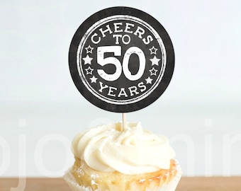Instant 'CHEERS To 50 Years' Printable Cupcake Toppers/ Tags Vintage Chalkboard Cheers and Beers to 50 Years Printable Party Decor