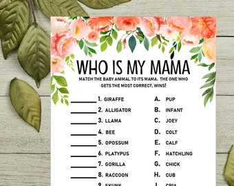 Instant wie is mijn MAMA afdrukbare baby douche spel perzik Floral baby douche afdrukbare activiteit digitaal bestand match baby dier naar mama