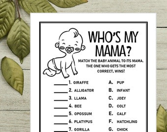 Instant wie is mijn MAMA afdrukbare baby douche spel match baby dier naar mama baby douche activiteit Instant Download