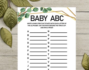 BABY ABC Printable Baby Shower Game Alphabet Baby Shower Baby Shower Ideas Printable Baby Shower Activities Eucalyptus Design