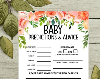 Instant Baby PREDICTIONS AND ADVICE Printable Baby Shower Idea Peach Floral Baby Shower Printable Activity Digital File Advice for Parents