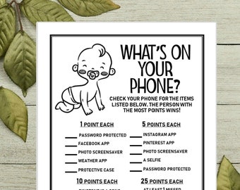 Instant What's On Your Phone Printable Baby Shower Game Cell Phone Point Game Printable Baby Shower Activity Instant Download