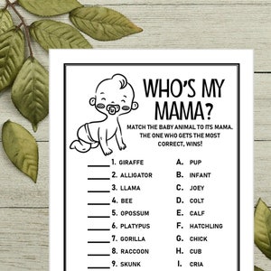 Instant WHO&#39;S MY MAMA druckbare Baby-Dusche Spiel Match Baby Tier zu Mama Baby-Dusche-Aktivität Instant Download