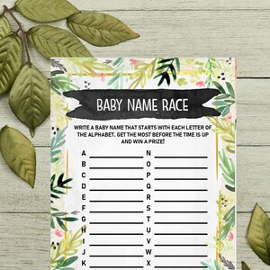 Instant BABY NAME RACE Printable Baby Shower Game Baby Name Game Floral Baby Shower Woodland Baby Shower Game Digital File