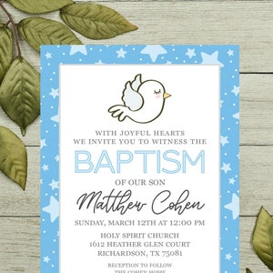 BOY BAPTISM Einladung digital 5 x 7 laden druckbare Taube und Sterne junge blaue Taufe Einladung digitale Karte personalisiert