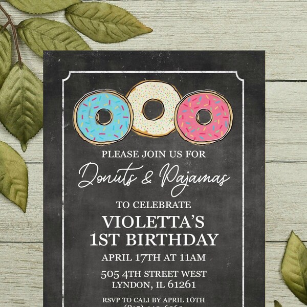Donut and Pajama Birthday Invitiation Donut Theme Digital 5x7 Printable Invitation Chalkboard Party Invitation and Annoucement