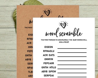 BABY WORD SCRAMBLE Printable Baby Shower Game Word Scramble Neutral Baby Shower Baby Shower Printable Activities Rustic Heart