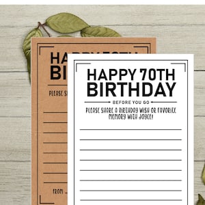 Personalisierter 'Happy 70th Birthday' druckbarer Geburtstagswunsch oder Lieblingsspeicherkarte 5x7 Party druckbare schwarz / weiße 70er Jahre Geburtstagswunschkarte