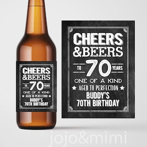 Personalized 'CHEERS & BEERS to 70 Years' Printable 70th Birthday Beer Bottle Label Digital File Birthday Bottle Label or Tag Over The Hill