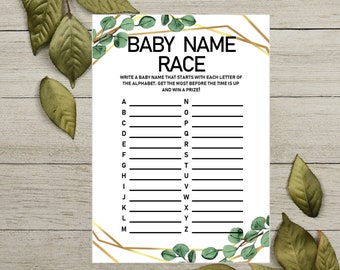BABY NAME RACE Printable Baby Shower Game Baby Name Game Baby Shower Activities Eucalyptus Design Baby Shower Ideas