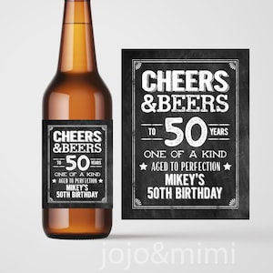Personalized &#39;CHEERS & BEERS to 50 Years&#39; Printable 50th Birthday Beer Bottle Label Digital File Birthday Bottle Label or Tag Over The Hill