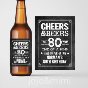 Personalized &#39;CHEERS & BEERS to 80 Years&#39; Printable 80th Birthday Beer Bottle Label Digital File Birthday Bottle Label or Tag Over The Hill