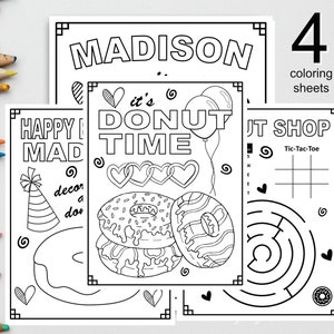 Personalized DONUT HAPPY BIRTHDAY Printable Coloring Pages Activity Birthday Party Placemat Donut Birthday Donut Theme Donut Shop Coloring