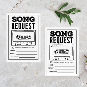 Instant 'SONG REQUEST'-kaart Afdrukbare songaanvraagkaart voor bruiloft of evenement RSVP met een lied Dance Party 80's Party Cassette Tape Karoake