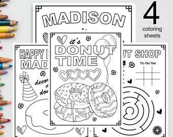Personalized DONUT HAPPY BIRTHDAY Printable Coloring Pages Activity Birthday Party Placemat Donut Birthday Donut Theme Donut Shop Coloring