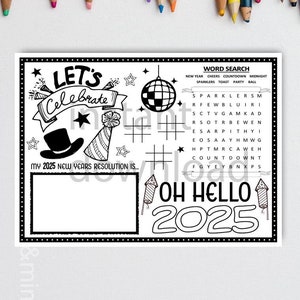 New Year&#39;s Eve Placemat 2025 Activity Sheet NYE Coloring Tic Tac Toe Activity New Years Resolution Instant Download