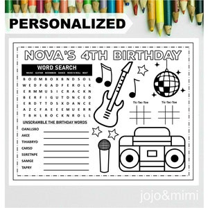 Personalized ROCK N ROLL Happy Birthday Printable Placemat Activity Coloring Page Kids Rock Birthday Party Placemat Rock Dance Party