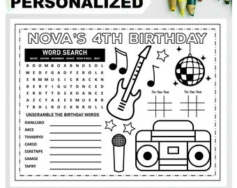 Personalized ROCK N ROLL Happy Birthday Printable Placemat Activity Coloring Page Kids Rock Birthday Party Placemat Rock Dance Party