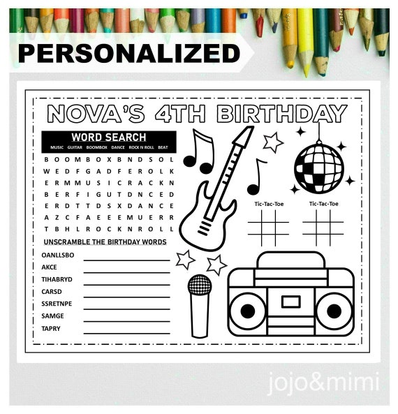 Personalized ROCK N ROLL Happy Birthday Printable Placemat 