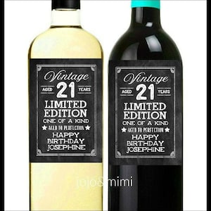 Personalized &#39;Vintage Aged 21 Years&#39; Printable Happy Birthday Wine Label or Tag Chalkboard Limited Edition Wine Gift 21st Birthday Party