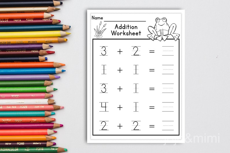 May include: A black and white printable worksheet with a frog at the top and the words "Addition Worksheet". The worksheet has five addition problems with numbers 1, 2, 3, and 4.