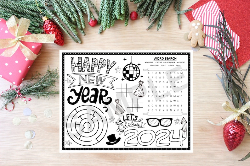 May include: Black and white printable New Year's Eve activity sheet with a word search, maze, and a 'Let's Celebrate' banner with the year 2024. The word search includes words like 'sparklers', 'cheers', 'countdown', 'midnight', 'toast', 'party', and 'ball'. The maze has a question mark at the end. The sheet is decorated with stars, party hats, and glasses.