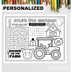 PERSONALIZED TRACTOR Happy Birthday Printable Placemat Activity Farm Coloring Page Kids Birthday Party Placemat Farm Animal Tractor