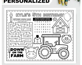 PERSONALISIERTE TRACTOR alles Gute zum Geburtstag druckbare Placemat Aktivität Bauernhof Färbung Seite Kinder Geburtstag Party Placemat Bauernhof Tier Traktor