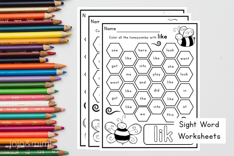 May include: Black and white printable worksheet featuring a honeycomb pattern with words like "see", "get", "me", "went", "got", "like", "we", "here", "into", "play", "and", "the", "did", "look", "she", "look", "in", "at", "this". The worksheet is designed to help children learn the sight word "like".