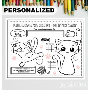 PERSONALIZED KITTY Happy Birthday Printable Placemat Activity Birthday Coloring Page Girls Birthday Party Placemat Kitten and Cat Birthday