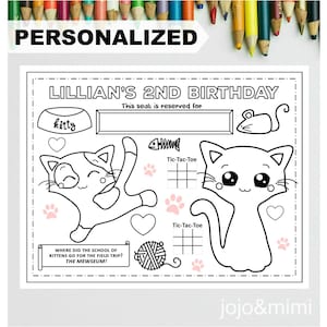 PERSONALISIERTE KITTY alles Gute zum Geburtstag druckbare Placemat Aktivität Geburtstag Färbung Seite Mädchen Geburtstag Party Placemat Kätzchen und Katze Geburtstag
