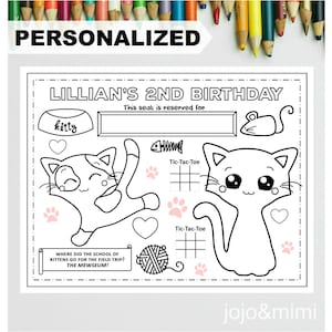 PERSONALIZED KITTY Happy Birthday Printable Placemat Activity Birthday Coloring Page Girls Birthday Party Placemat Kitten and Cat Birthday